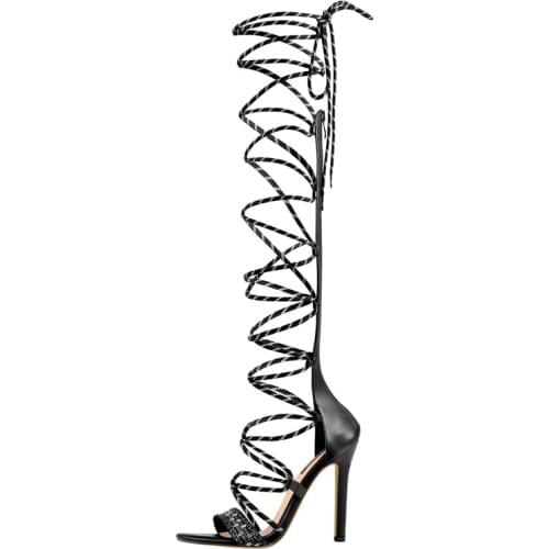 Richealnana Summer Womens Long Lace Up Criss Cross Strappy Sandals Stiletto High Heels Hemp Back Zipper Ladies Shoes