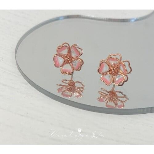 Wholesale Cherry Flower Blossoms Flower Crystal Stud Earrings Pink Color Ear Studs Womens Jewelry Mothers Day Birthday Gift