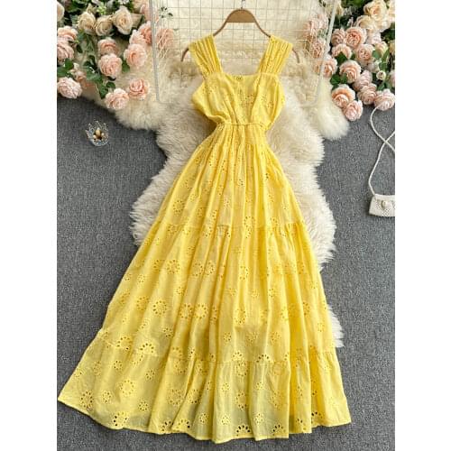 Women White/Yellow/Blue Hollow Out Party Long Dress Vintage Square Collar Spaghetti Strap Vestidos Female A-Line Robe Summer New