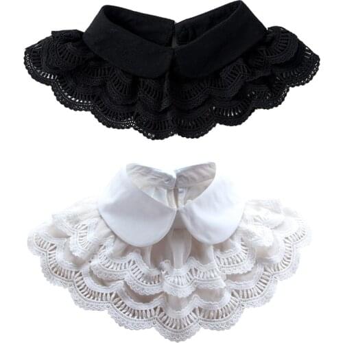 Women Double Layer Lace Chiffon Lapel False Collar Scalloped Solid Color Detachable Necklace Choker Shawl Capelet