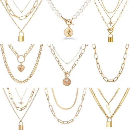 Punk Big Link Chain Necklace Choker for Women Steampunk Multi Layered Star Lock Pendant Necklace Statement Jewelry