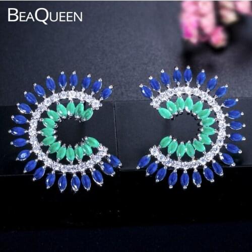 BeaQueen Ethnic Designer Blue Green Marquise Cubic Zircon Stones Big Half Round Stud Earrings Luxury Jewelry for Women E109