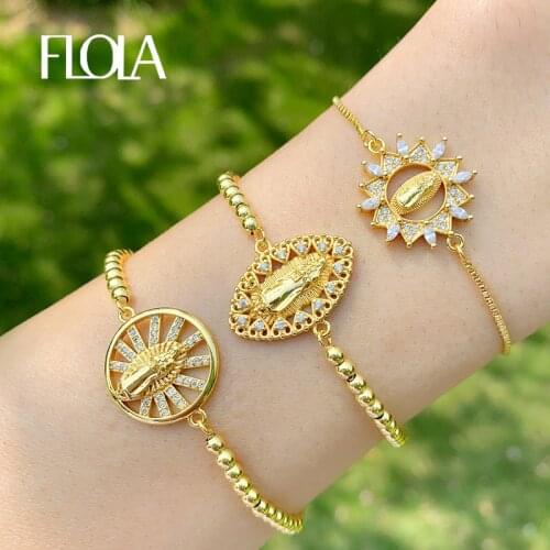 FLOLA Cubic Zirconia Virgin Mary Bracelets For Women Yellow Gold Charm Bracelets Beads CZ Religious Jewelry Women Gifts brtc10