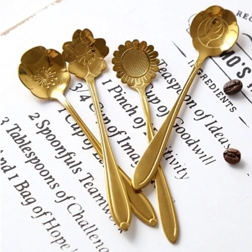 Stainless Steel Retro Gold Long Handle Teaspoon Flower-shaped Coffee Dessert Ice Cream Spoon Kitchen Accessories Tableware