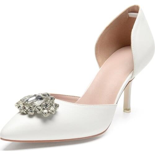 Pointed toe lady high heels D'orsay stelitto with crystal elegant bridal wedding matte PU evening dress party shoes cream color