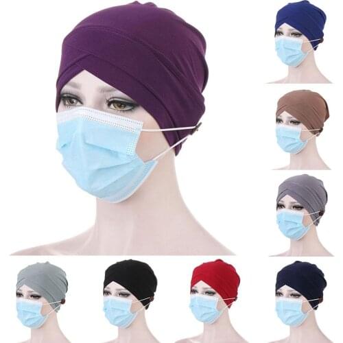 Hijab Cap Women Solid Color Front Cross Button Beanie Muslim Bonnet Turban Hat Hijab Cap Women Head Scarf Under Hijab Bonnet