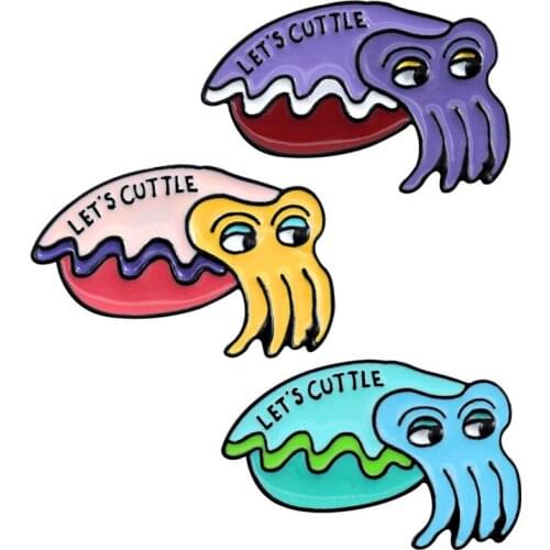 HOSENG 3PCS Big Eyes Ocean Squid Animals Brooch Cartoon Purple Green Color Lapel Collar Enamel Pin HS_329