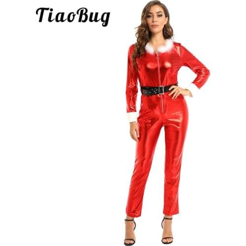 Women Long Sleeves Furry Front Zipper Jumpsuit Holiday Santa Claus Cosplay Party Xmas Dress Up Ladies Christmas Costume Clubwear