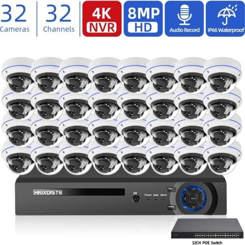 HKIXDISTE H.265+ 32CH 4K HDMI NVR With 48V POE 8MP security indoor outdoor Audio IP Dome Camera Video Surveillance System Onvif