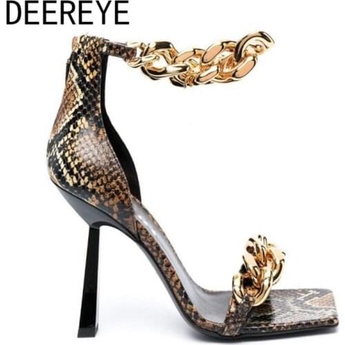 Fashion Snake Print Square Toe Genuine Leather High Heel Shoes 8.5cm Sexy Acrylic Chain Strap Design Comfortable Women Sandals