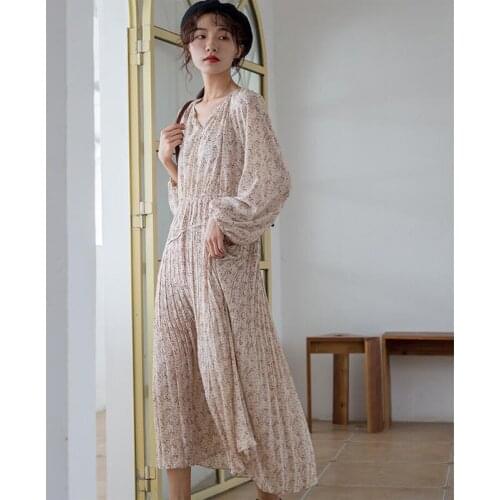 New 2020 Women Autumn Winter Dress Vintage Casual Draped Print Floral Fashionable Oversize Elegant Long Dress CL434
