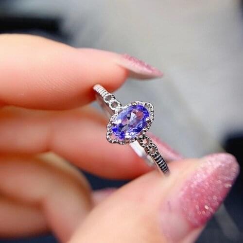 New Natural Tanzanite Ring 925 Silver Womens Ring Fresh and Elegant Simple Atmosphere 4*6mm