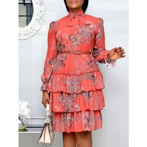 Women Printed Dresses Long Sleeves Bowtie Cake Dress Female Ruffles Pleated Africn Fashion Lovely Date Sweet Vestidos Plus Size