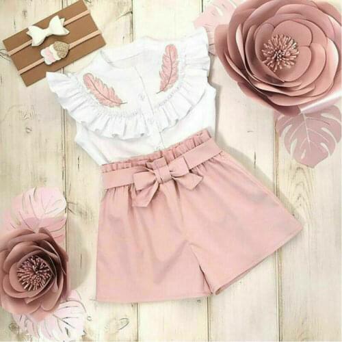 PUDCOCO Summer Kids Baby Girls Feather Tops T-shirt Pants Shorts Outfits Set Clothes 1-6Y