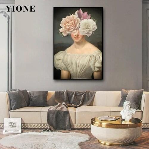 Retro Noble Woman Oil Painting Classic Abstract Portrait Flower Face Lady Poster Prints Wall Art Picture for Living Room Bedroom