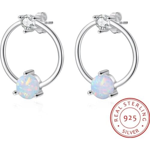 Created Round White Fire Opal Earrings Korean 925 Sterling Silver Circle Stud Earrings for Women Fine Jewelry Wedding Gifts