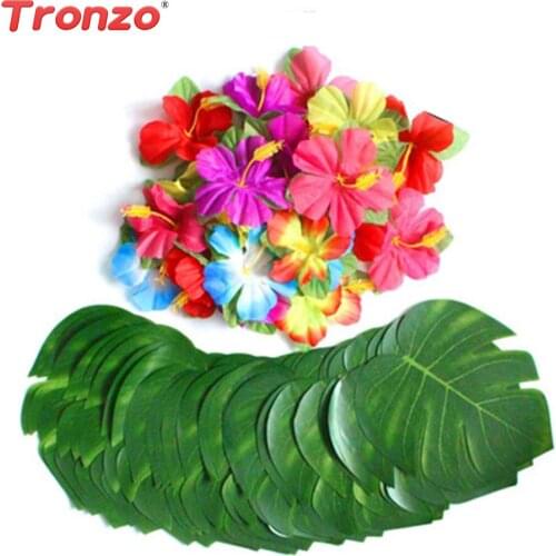 Tronzo 12/24pcs Tropical Palm Leaves Jungle Party Theme Decoration Hawaiian Luau Table Decor Artificial Leaves Hibiscus Flower