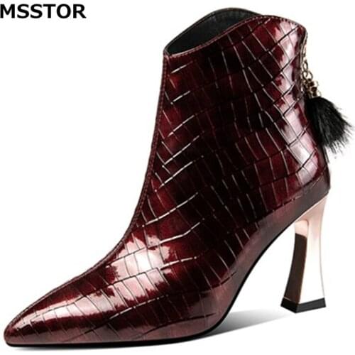 Pointed Toe High Heels Shoes Women Sewing Fashion Zipper Party Elegant Winter Boots Fur Crocodile pattern Wine Red Causal