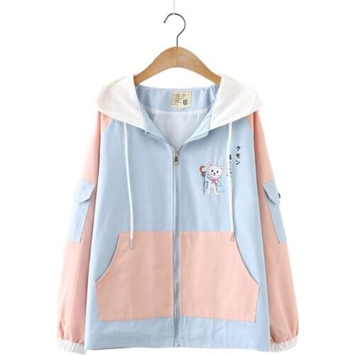 Women Hooded Jackets Cartoon Cat Embroidery Zipper Jacket 2021 Autumn Long Sleeve Patchwork Sweet Style Ladies Outwears Coats