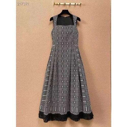 New 2021 Fashion Runway Summer Long Dress Womens Sleeveless Jacquard Elegant Tassel Black Hot Sale Empire Dresses