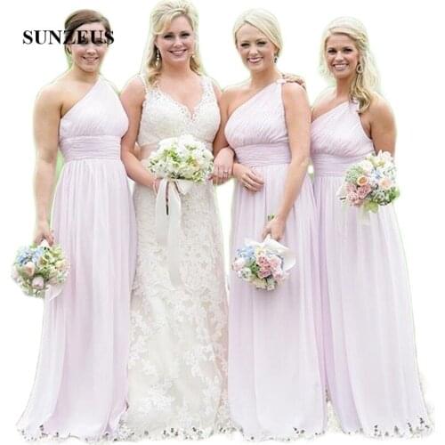 One Shoulder Pink Chiffon Bridesmaid Dresses Pleats A-Line Wedding Guest Dresses Simple Long vestido longo rosa SBD101