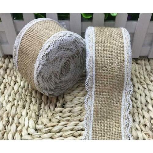 10M* 5cm Lace Edge Natural Hessian Burlap Jute Ribbon with white Lace Rustic Wedding Decor Floristry