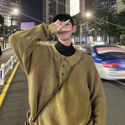 2021 Winter Mens Fashion Trend Coats Lapel Collar Cashmere Sweaters Casual Brand Woolen Pullover 4 Color Loose Knitting M-2XL