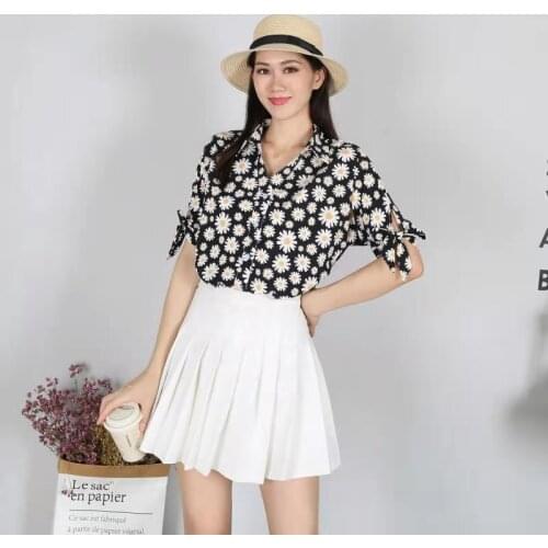 Fashion Spring Summer Womens Blouses 2021 Daisy Patterned Short Sleeve Shirt With Bandage Floral Print Oversized Blouse Femme
