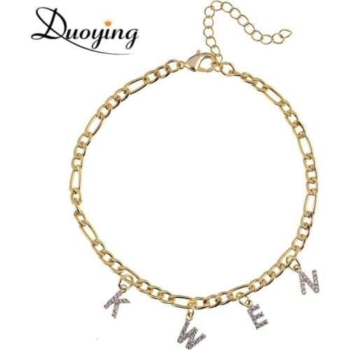 Duoying Birth Year Custom Anklet 6mm Pave Letter Chain Custom Anklet Tiny Letter Pendant Name Anklets Figaro Chain Girl Gift