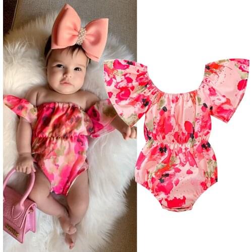 FOCUSNORM Summer Lovely Baby Girls Bodysuits Flowers Camouflage Printed Off Shoulder Elastic Jumpsuits