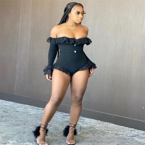 FUFUCAILLM Ruffled Long Flare Sleeve Off Shoulder Romper Women Summer Bodysuits Femme Solid Color Tight Rompers Bodycon Outfits