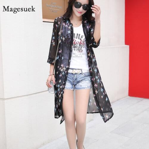 Cardigan Thin Floral Chiffon Half Sleeve Loose Flower Print Blouse Summer Sun Protection Women Long Blouses Super Shirts 4152 50