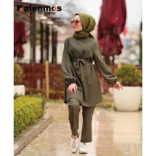 Two Piece Sets Tops Pants Women Dubai Muslim Abaya Lace-up outfits Kaftan turkey Islamic Clothing musulman ensembles Dress suits