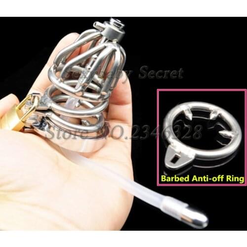 Short 304 Stainless Steel Male Chastity Belt with Urethral Catheter Barbed Anti-off Ring,Chastity Lock,Cock Cage,Sex Toy For Man