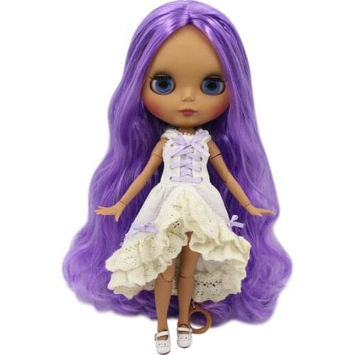 ICY DBS Blyth doll nude joint body 1/6 bjd with black skin and matte fance long purple curly hair BL7216