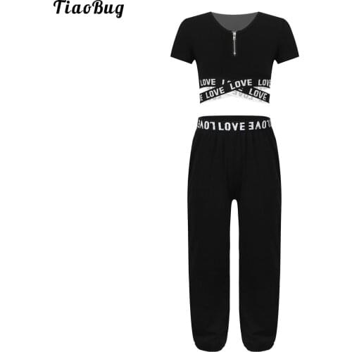 TiaoBug Summer Kids Girls 2Pcs Sportsuit Round Neck Short Sleeves Letters Printed Cropped Top And Pants Sets For Yoga Gym