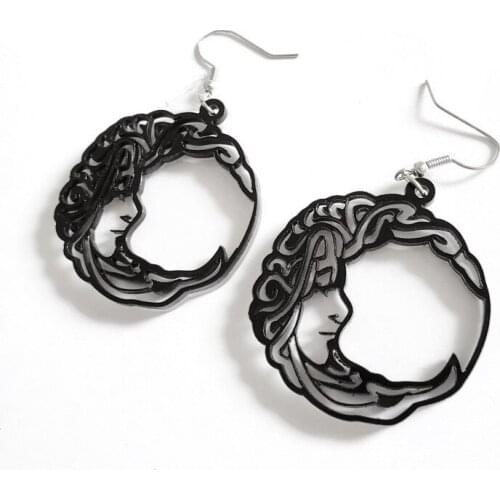 Fashion Stereoscopic Engraving lady head Earrings Women Black Vintage Hollow Out Round Acrylic Earrings 2020 Jewelry