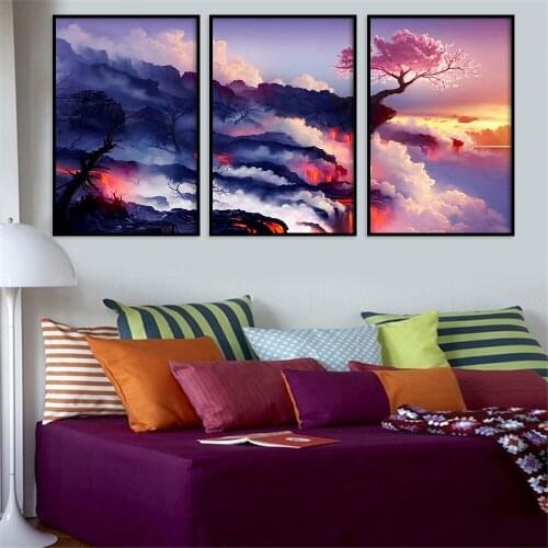 Print Set Of 3 Cherry Tree in Volcanoes Canvas Prints No Frame Modern Wall Art Paintings Artwork for Girls Room Wall Painting
