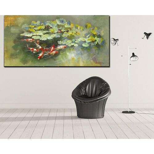 Wall Art Picture Print Chinese Abstract Water Lily Nine Koi Landscape Oil Painting on Canvas Posters For Living Room Home Decor