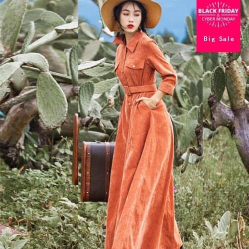 Autumn winter Fashion brand retro single breasted velvet fabric dress female thicker warm high waist big swing dress belt wq482