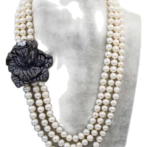 3rows freshwater pearl necklace white round 8-9mm wholesale pink flower prndant FPPj gift 19-21inch FPPJ