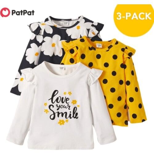 PatPat New Arrival Autumn and Spring 3-pack Toddler Girl Floral and Polka Dots Tee Set Childrens Clothing