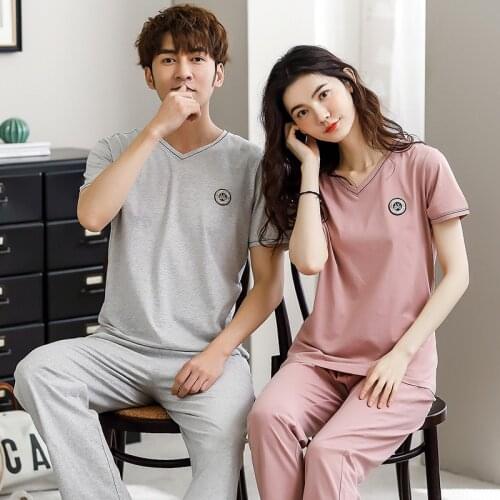 Womens Sleepwear Sexy Pajamas Couple Sets short Sleeve Top + Pants Summer Cute 2 Pieces Pyjama men Sets Ladies Cute Homewear