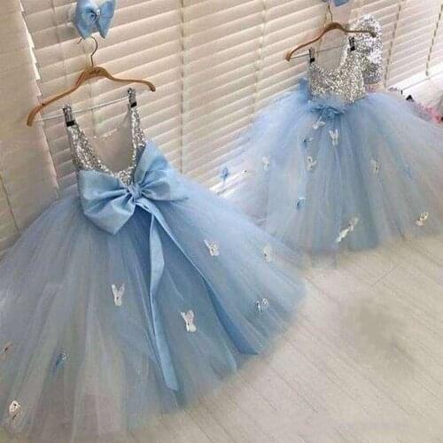 Blue Flower Girl Dresses with Sash Bow Handmade Appliques Little Princess First Communion Dress Kid Birthday Gowns