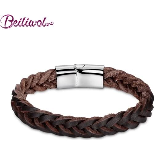 Weave Chain Brown Genuine Leather Bracelet for Men 316L Stainless Steel Magnet Buckle Cool Braid Rope Fine Jewelry