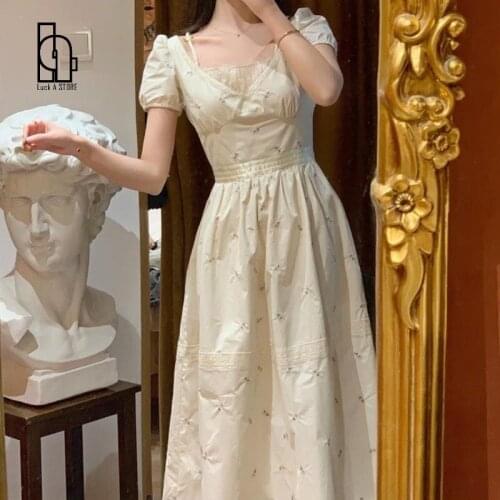 Luck A Embroidery Floral Dress Women Elegant Lace French Vintage Sexy Midi Dress Summer Fit Casual Designer Party Sundress 2021