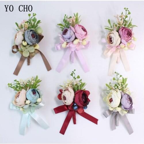 YO CHO Groom Wedding Boutonniere Bride Wrist Corsage Drop Shipping Silk Rose Flower Burgundy Prom Party Meeting Wedding Supplies