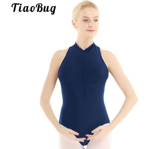 TiaoBug Adult High Neck Sleeveless Ruffle Mesh Back Bodysuit Solid Color Women Ballet Gymnastics Leotard Gym Sports Dance Wear