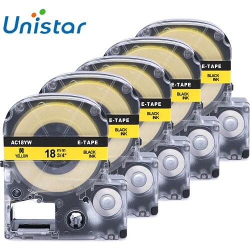 Unistar 5pcs SC18YW Compatible for Epson King Jim 18mm Black on Yellow Label Cassette Tape for LW-300 LW-400 LC-5TBN Label Maker