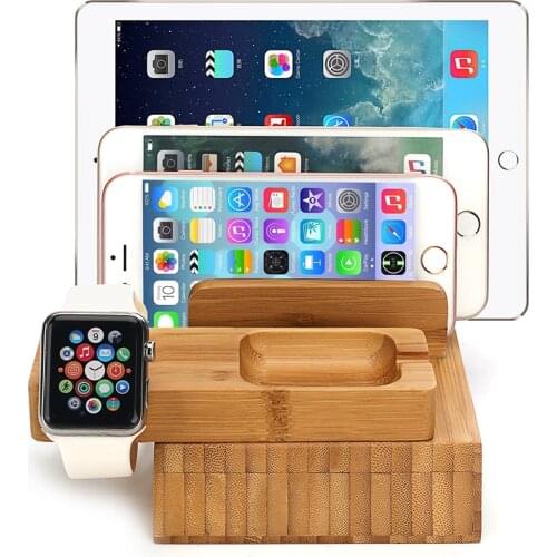 4-port USB Universal Multi-port Bamboo Charging Stand Mobile Phone Tablet USB Charging Station for IWatch Wooden Charger Base